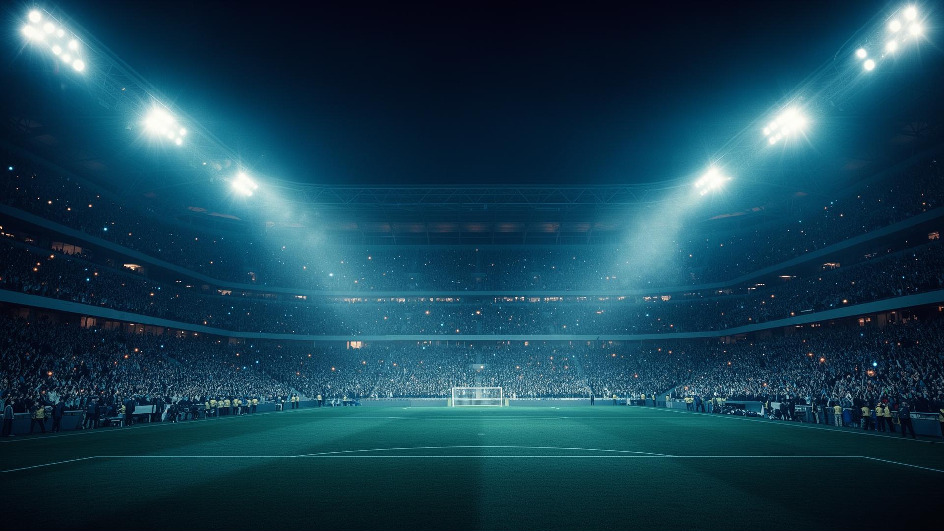 A floodlit stadium at night packed with fans